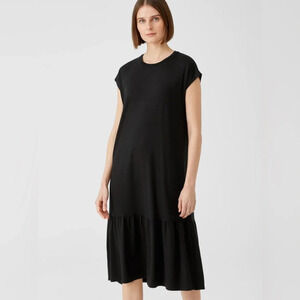 EILEEN FISHER Sz L 99% Tencell Ruffle Hem Drop Shoulder Midi Length Shift Dress